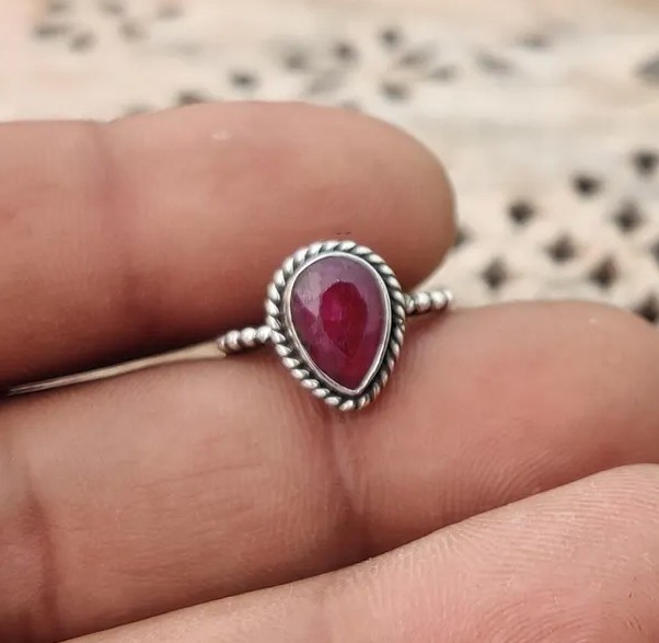 Solid 925 Sterling Silver Natural Ruby Pear Gemstone Artisan Filigree Band Ring