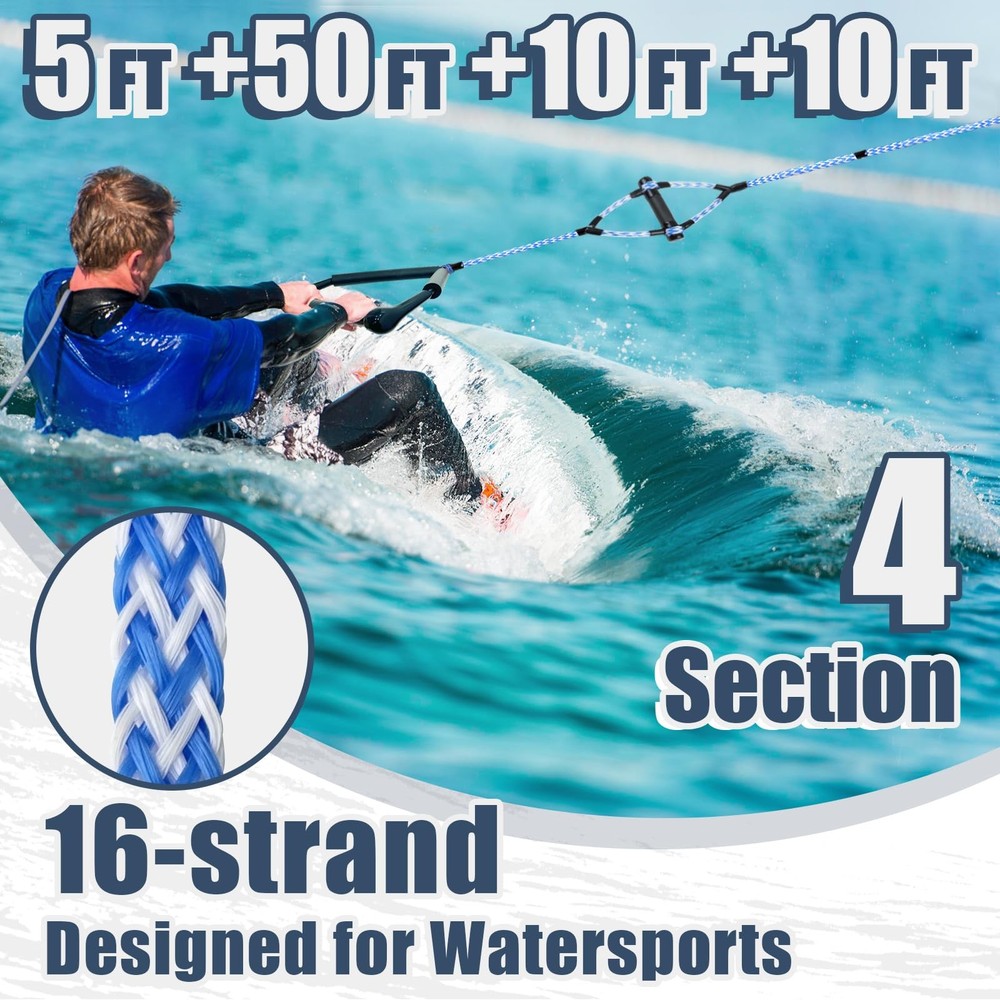 Vortexain Wakeboard Rope with Handle, 75ft 4-Section One Size, Blue White