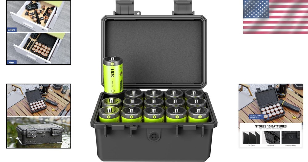 Compact D Cell Battery Organizer Case - 15 Slot Waterproof & Shockproof