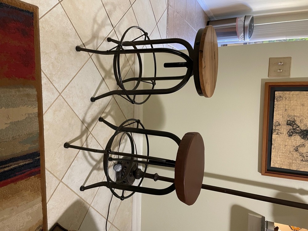 Adjustable Height Two Bar stools with wood seats