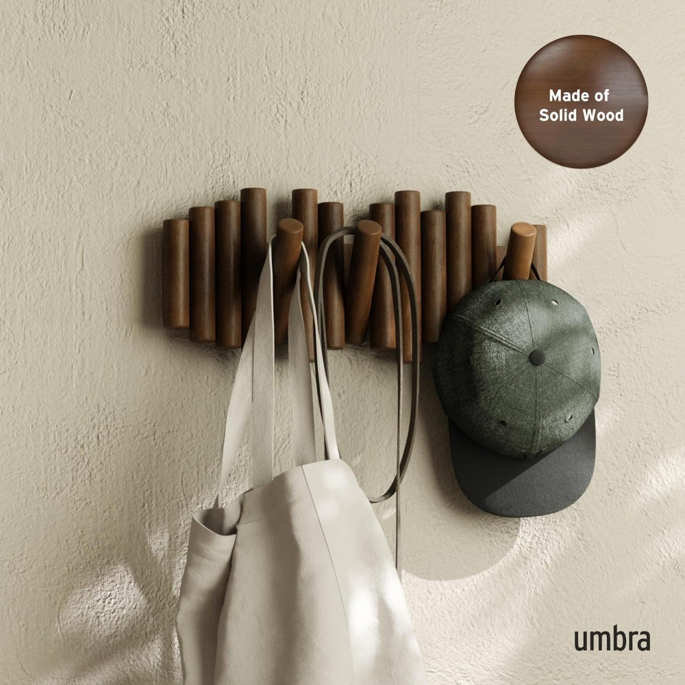 Modern Wall-Mounted Coat Rack, 5 Retractable Pegs, Walnut