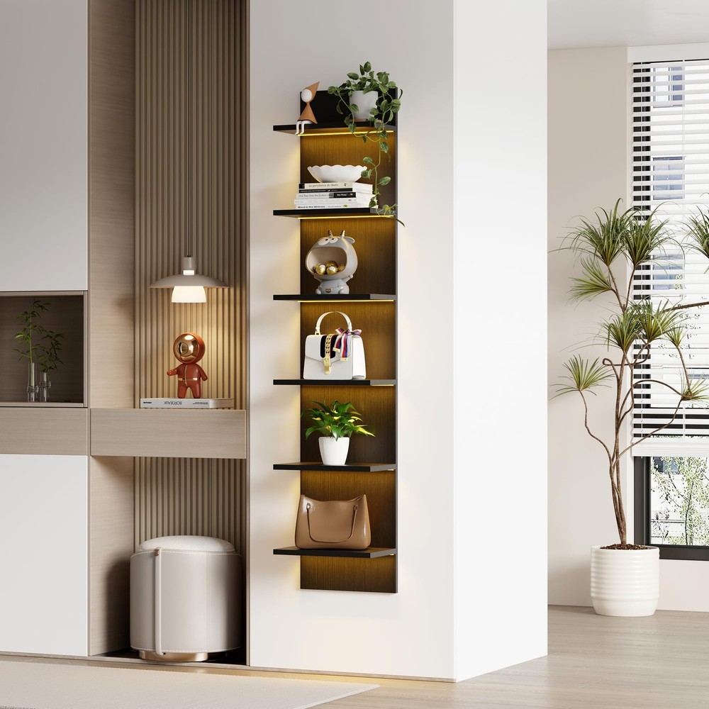 6 Tier Wall Shelf Unit with LED Remote Control Light, Floating Storage Home D...