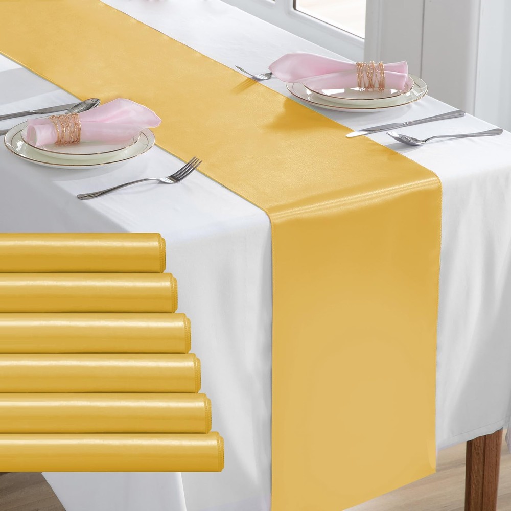 6 Pack Gold Table Runners 12 x 108 Inch, Rectangular Smooth Satin Silk Table ...