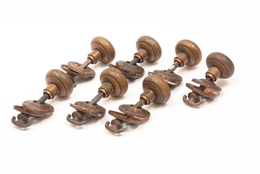 Antique Dexter Brass Textured Mid-Century Door Knobs & Rosettes 1940's Complete