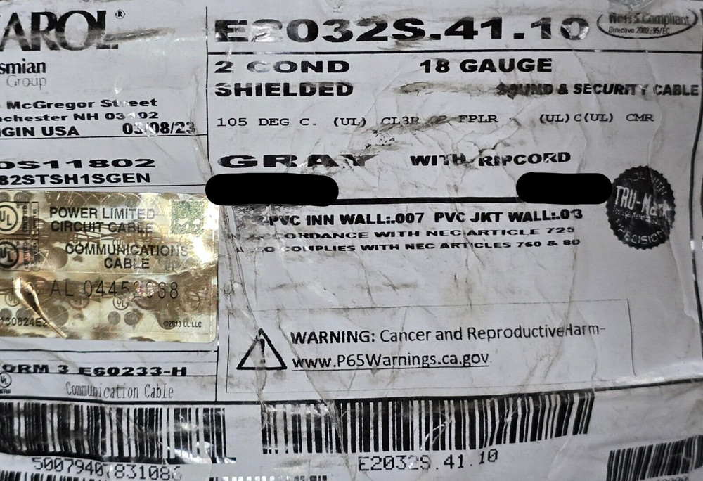 Carol E2032S 18/2C Shielded Audio/Control/Communication Cable Riser Gray /50ft