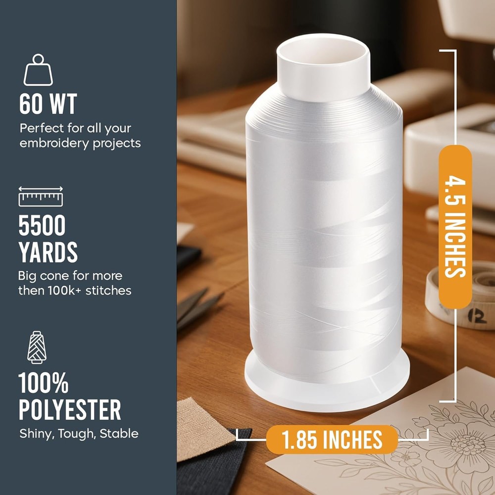 White Embroidery Bobbin Thread 5500yd 60WT Polyester
