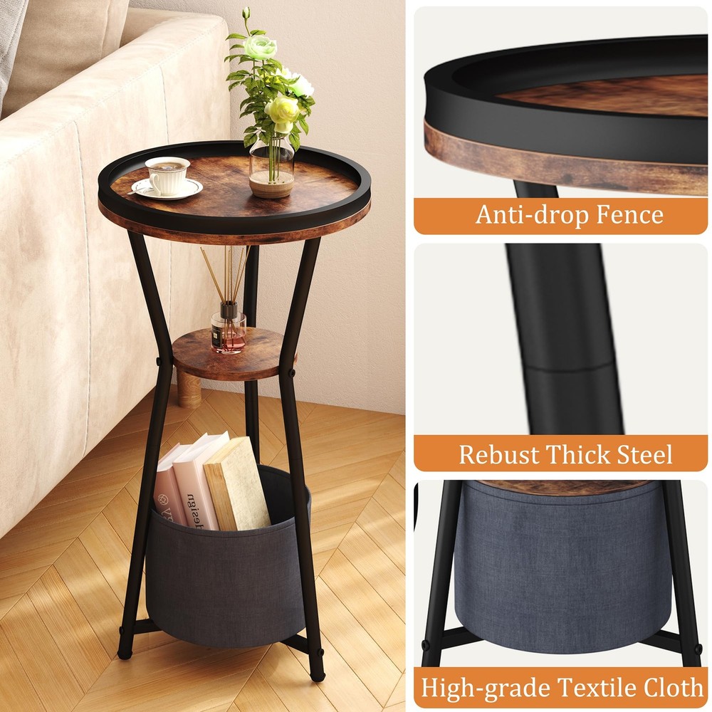 Round Side Table Small Drink 3Tier Industrial End Nightstand Rustic Brown