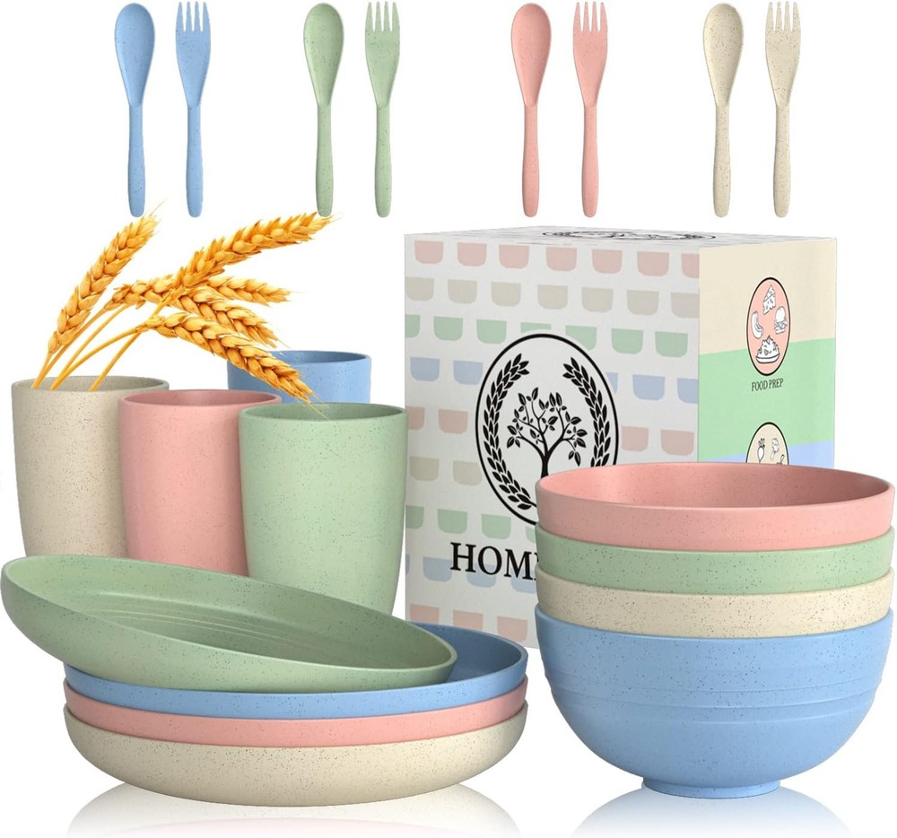 Wheat Straw Dinnerware Sets, 20 PCS Dishes 20 PCS, Multicolor-Light