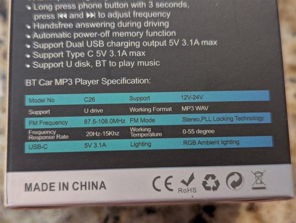 C26 Car MP3 Player RGB Ambient Lighting USB-C 5V 3.1A