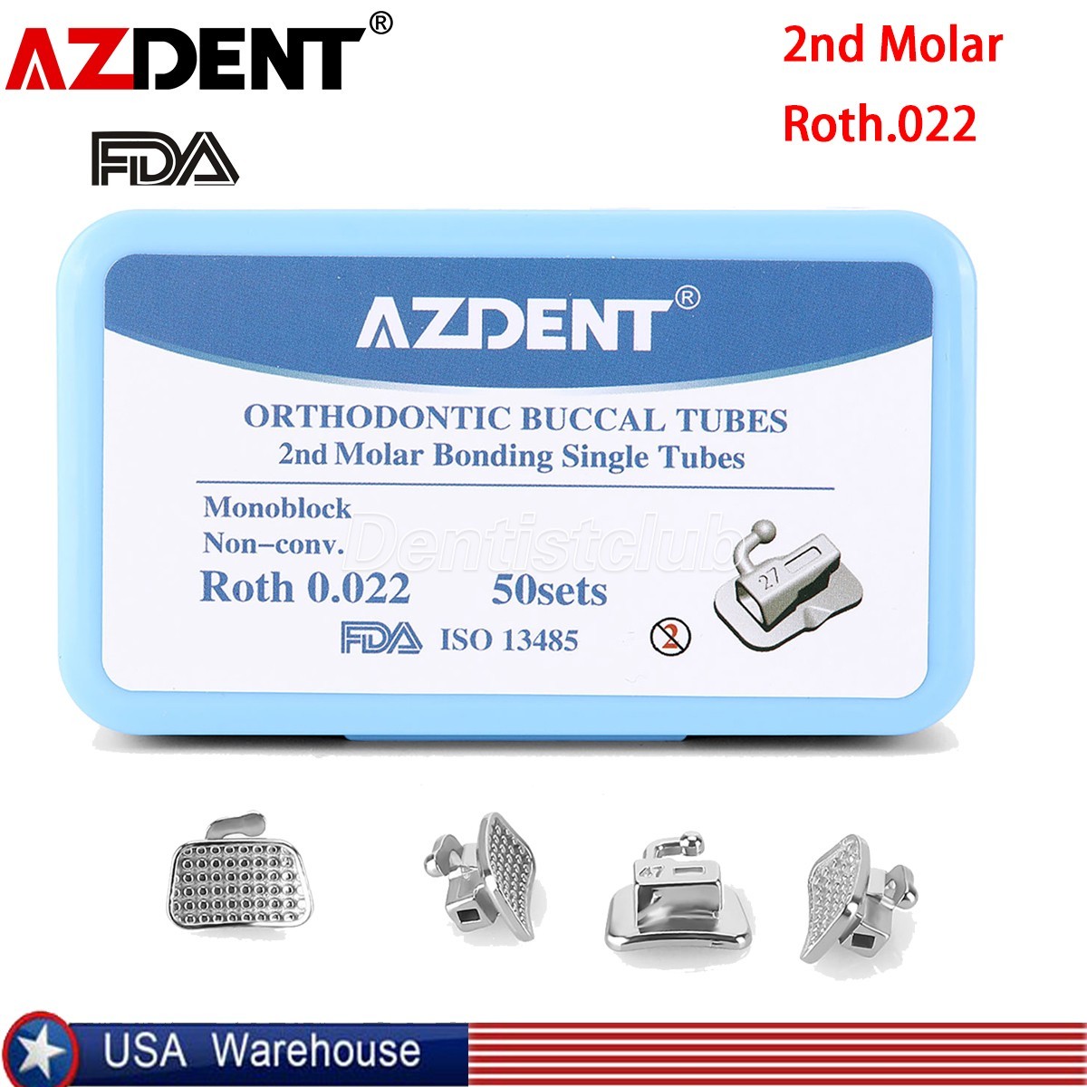 50Sets Dental AZDENT Orthodontic Buccal Tubes Roth.022 2nd Molar Bondable Tubes