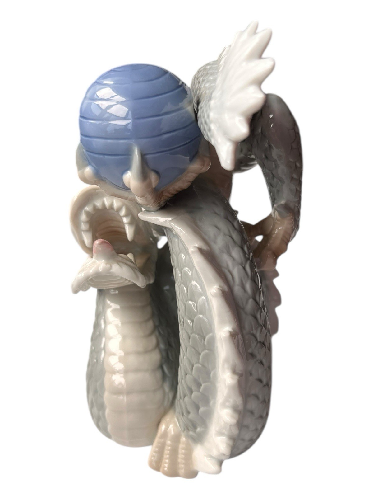 Dragon Yoshimi K Foo Porcelain Figurine w/Ball Japan 8”T 5.5”L Vintage Blue/Gray