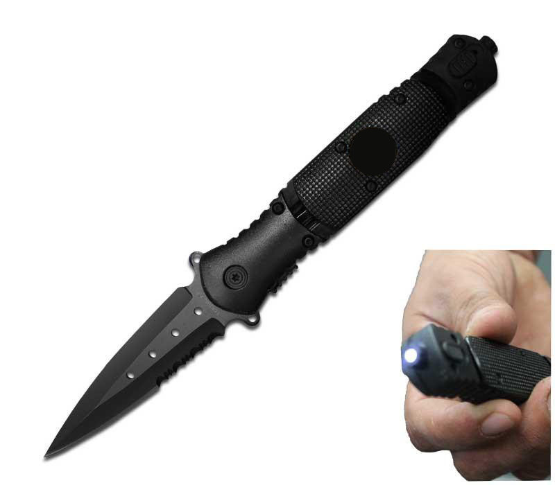 Assisted Open  OPEN BLADE SPEAR POINT Knife With LED Switch Flashlight Glass