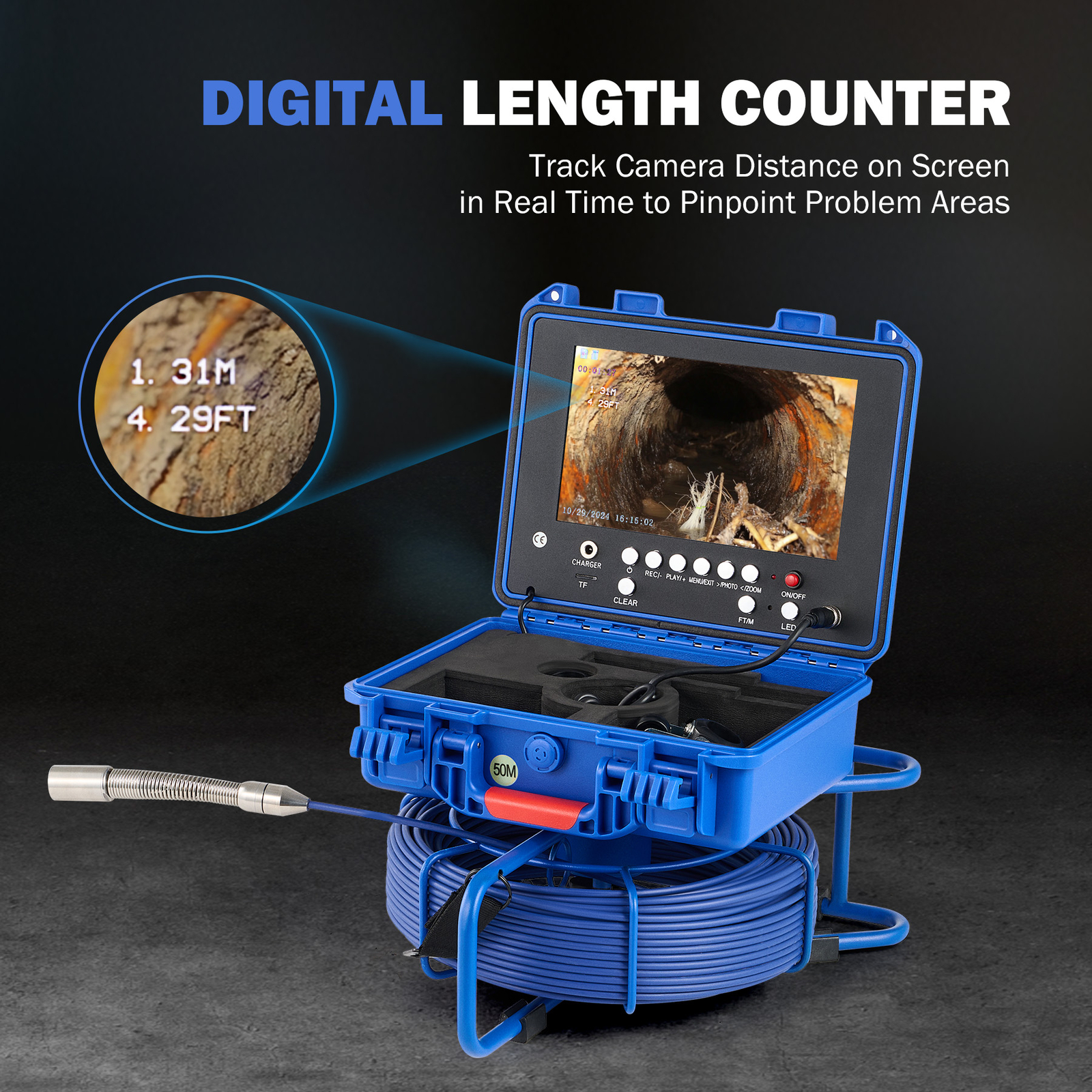9" Self-Leveling Sewer Camera 32GB w. Locator 164ft /50m Digital Length Counter