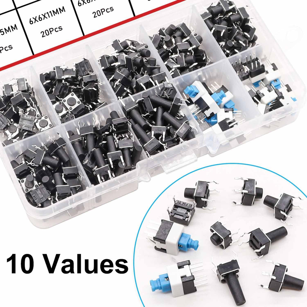 202PCS Micro Momentary Tactile Push Button Switch Assortment Kit 10 Values 4 Pin