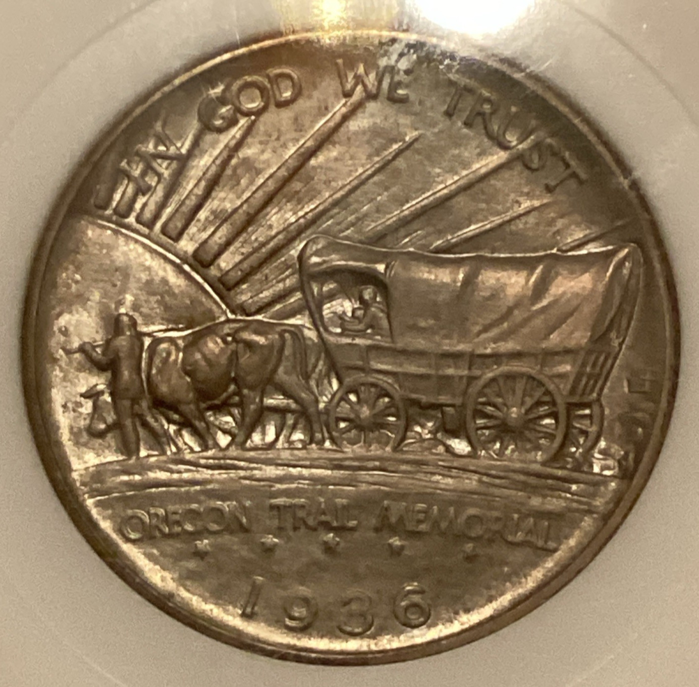 1936 NGC MS 65 OREGON TRAIL Silver Commemorative Toned Coin Fatty Holder