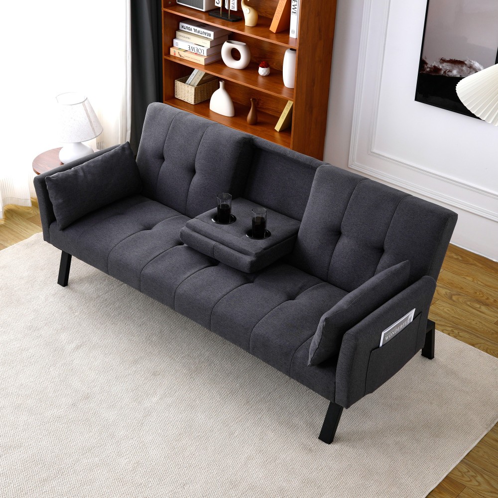 70-inch Multi-functional Cotton and Linen Sofa Bed, Foldable Side Storage