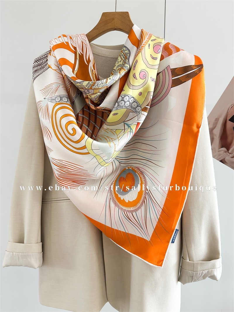 Sallys 100% Twill Silk Large Wrap Scarf Stole Feathers Print Square Shawl 135cm