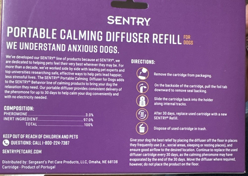 SENTRY Portable Calming Diffuser Refill for Dogs – 2 Pack (30-Day)