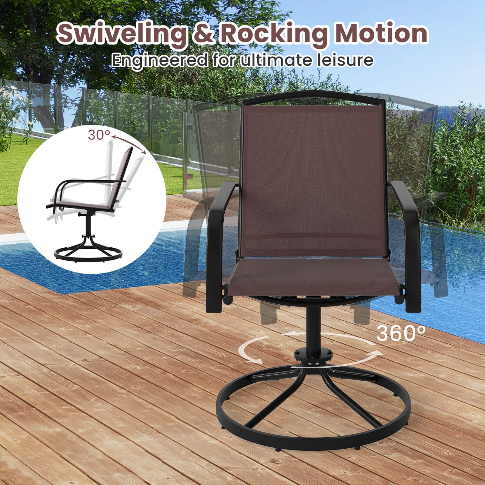 Patio Swivel Chairs Set of 2 w/ High Back & Round Metal Base for Backyard