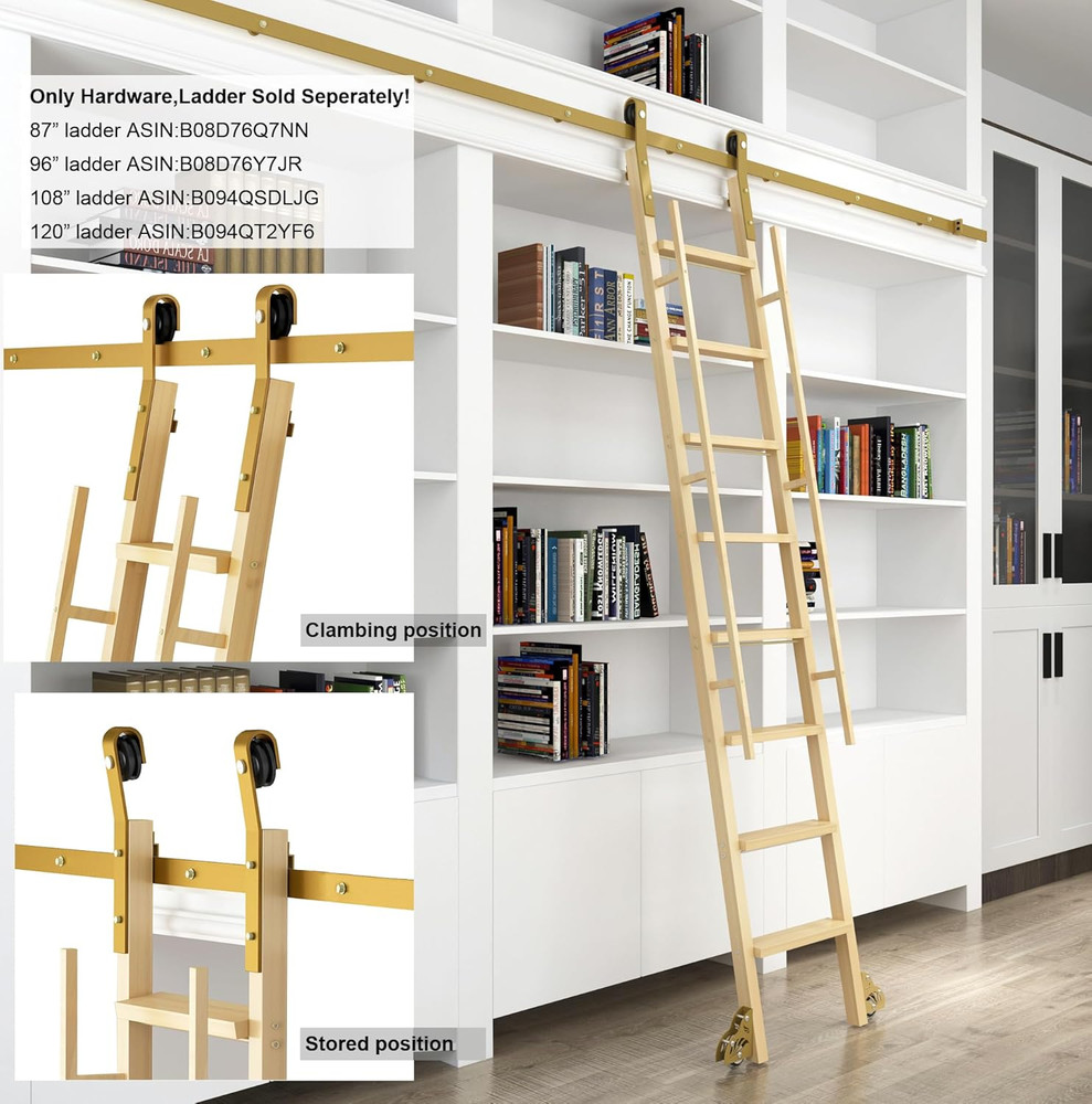 16FT Gold Library Ladder Hardware Kit with Braking Rollers for Easy Access