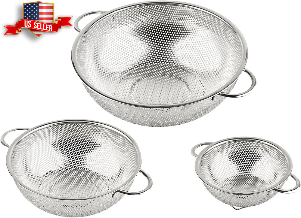 3-Piece Stainless Steel Mesh Micro Perforated Strainer Colander Set Durable