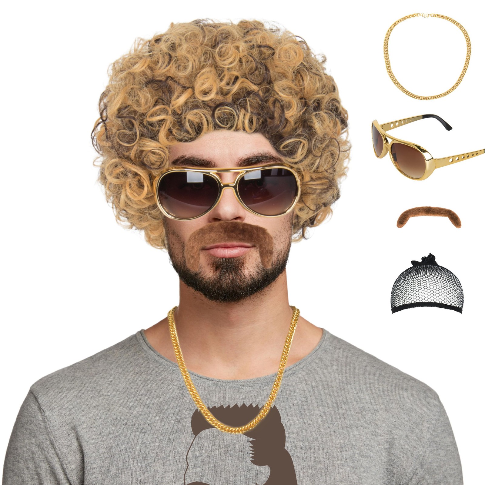 Miss U Hair 70s Disco Wig For Men Blonde Mix Brown Short Curly Afro Set
