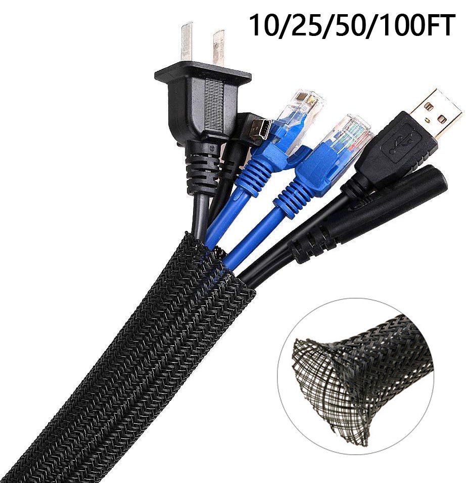 ALL SIZES 10‑100 FT Expandable Braided Cable Sleeving Wire Loom Nylon Tubing LOT
