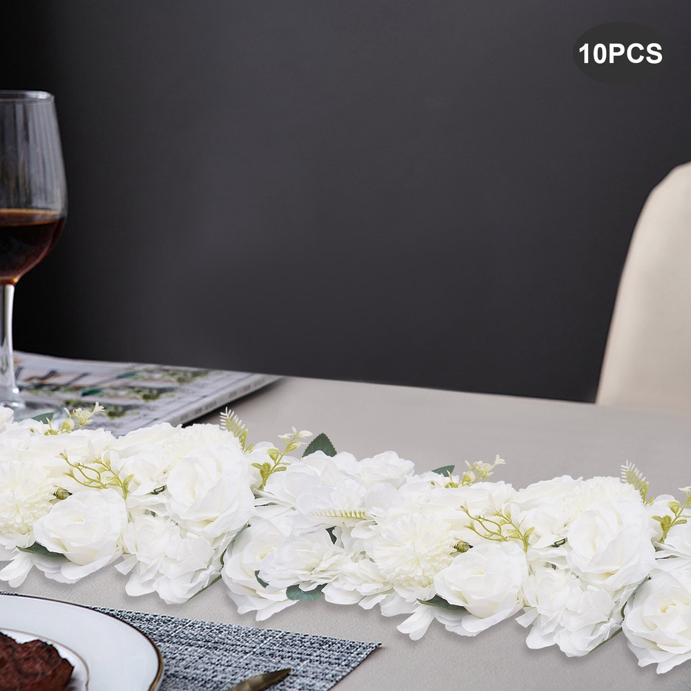 10Pcs White Artificial Rose Flower Table Runner Sweetheart Table Reception Decor
