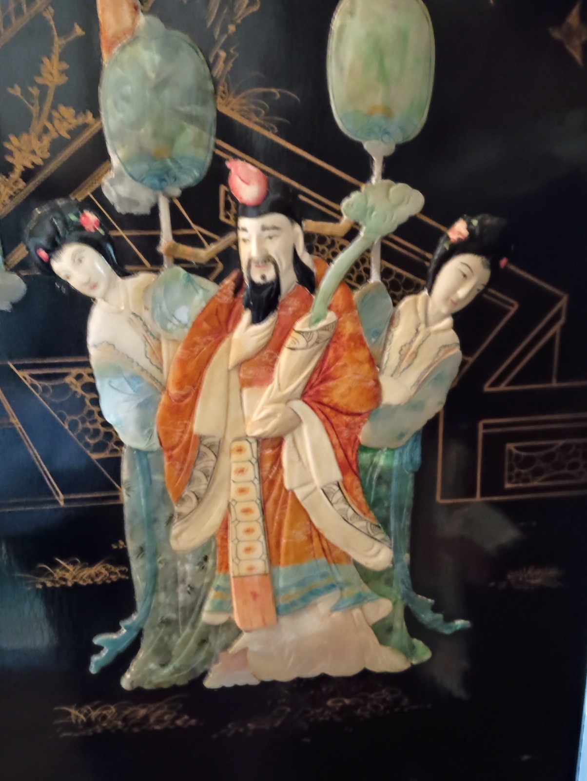 Lovely Asian Lacquered Wood Room Divider, 72" Tall, Mother Of Pearl & Hardstone