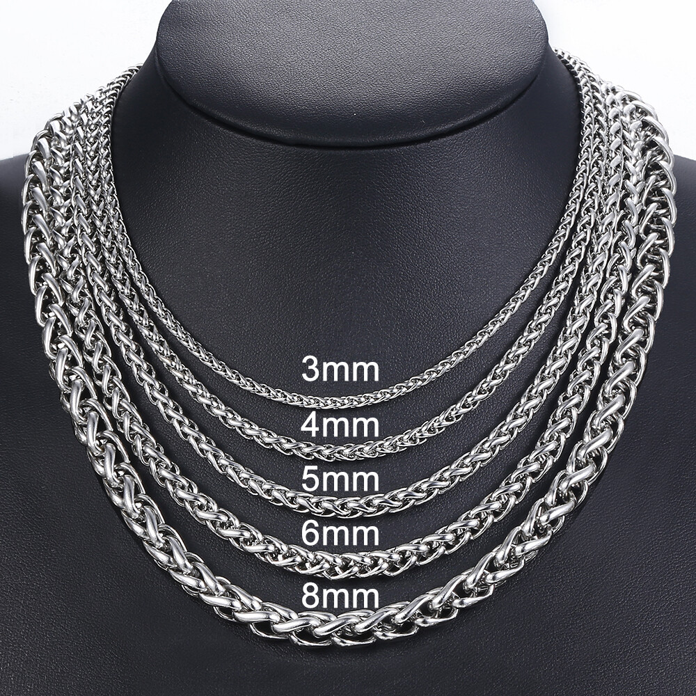 3/4/5/6/8mm Unisex Wheat Spiga Chain Stainless Steel Necklace Gold/Silver Men