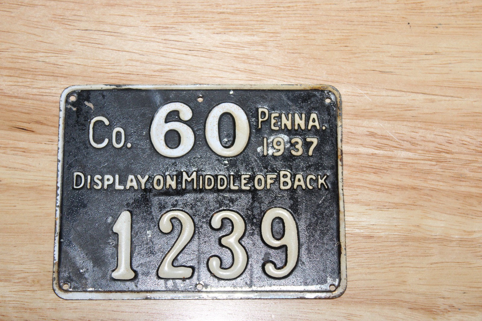 Vintage Metal 1937 Pennsylvania Hunting License County 60