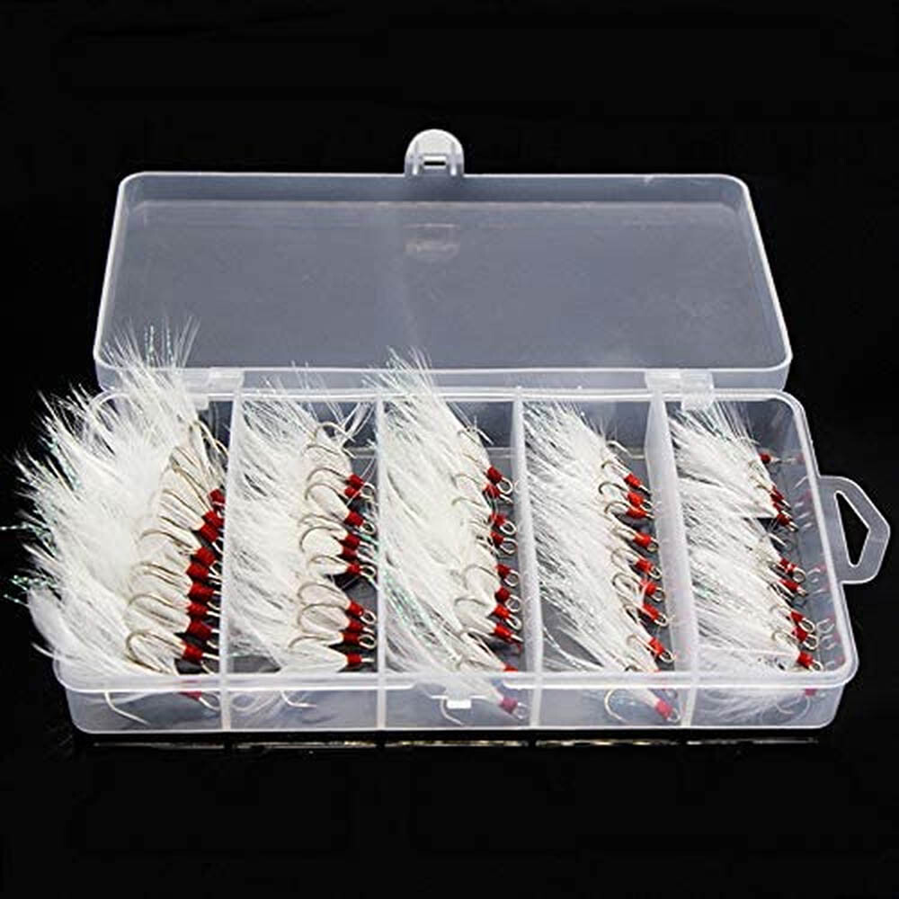 50Pcs 2X Strong Fishing Treble Hooks w/ Feather Dressed 2/4/6/8/10# Tackle USA