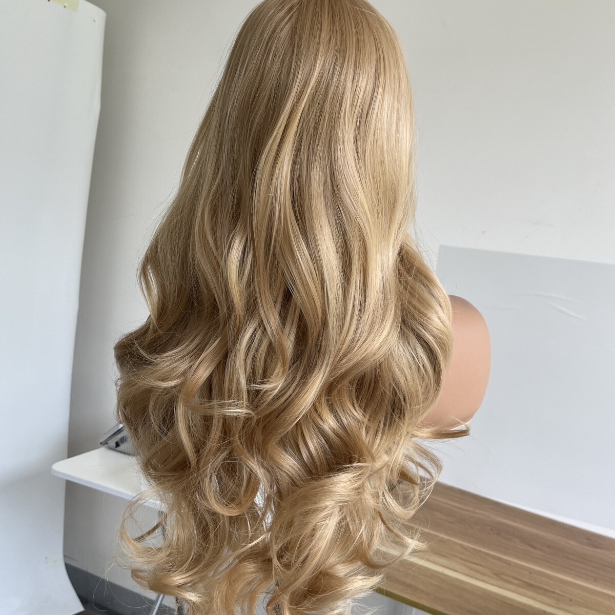 Soft Layered Honey blonde Dress Up Wigs With Bangs Long Wavy Heat Resistant Hair