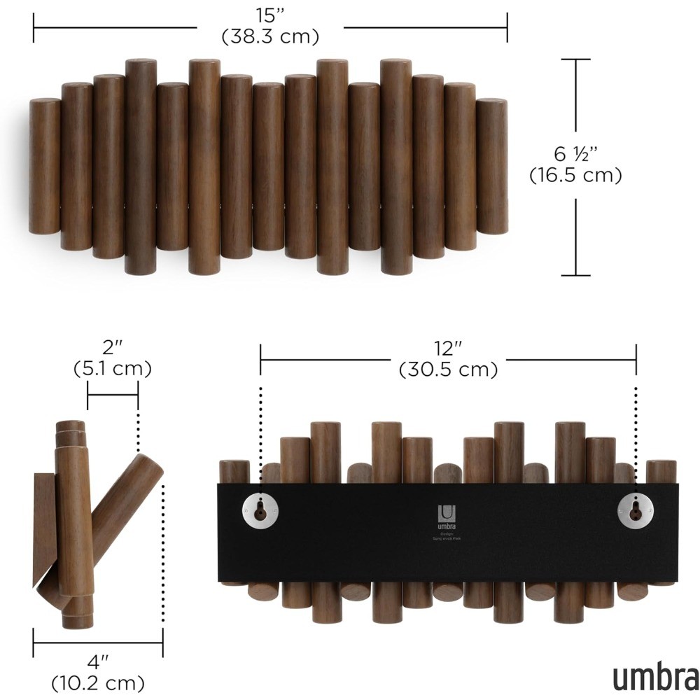 Modern Wall-Mounted Coat Rack, 5 Retractable Pegs, Walnut