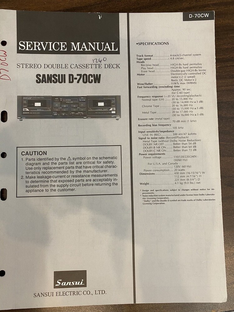 SANSUI D-70CW D70CW Service Manual **ORIGINAL**