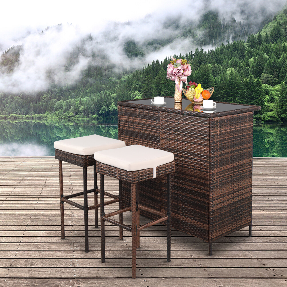 3pc Bar Table Set Pub Dining Set Kitchen Counter W/ 2 Bar Stools & Storage Layer