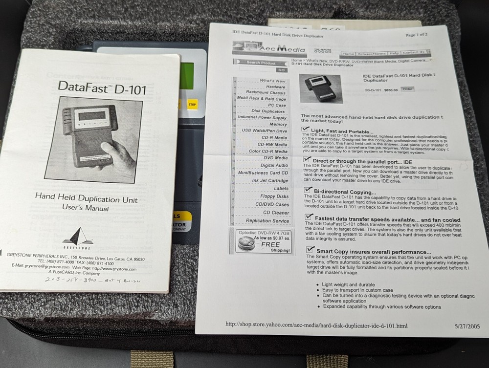 Greystone DataFast D-101 Handheld Duplication Unit Hard Drive Data Transfer