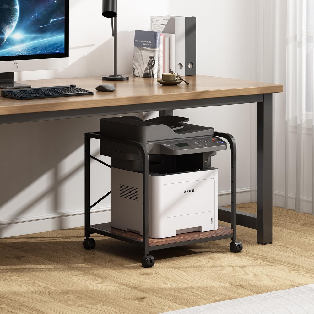 Under Desk Printer Stand, 20 Inches Deep Large Printer Table with Height Adju...