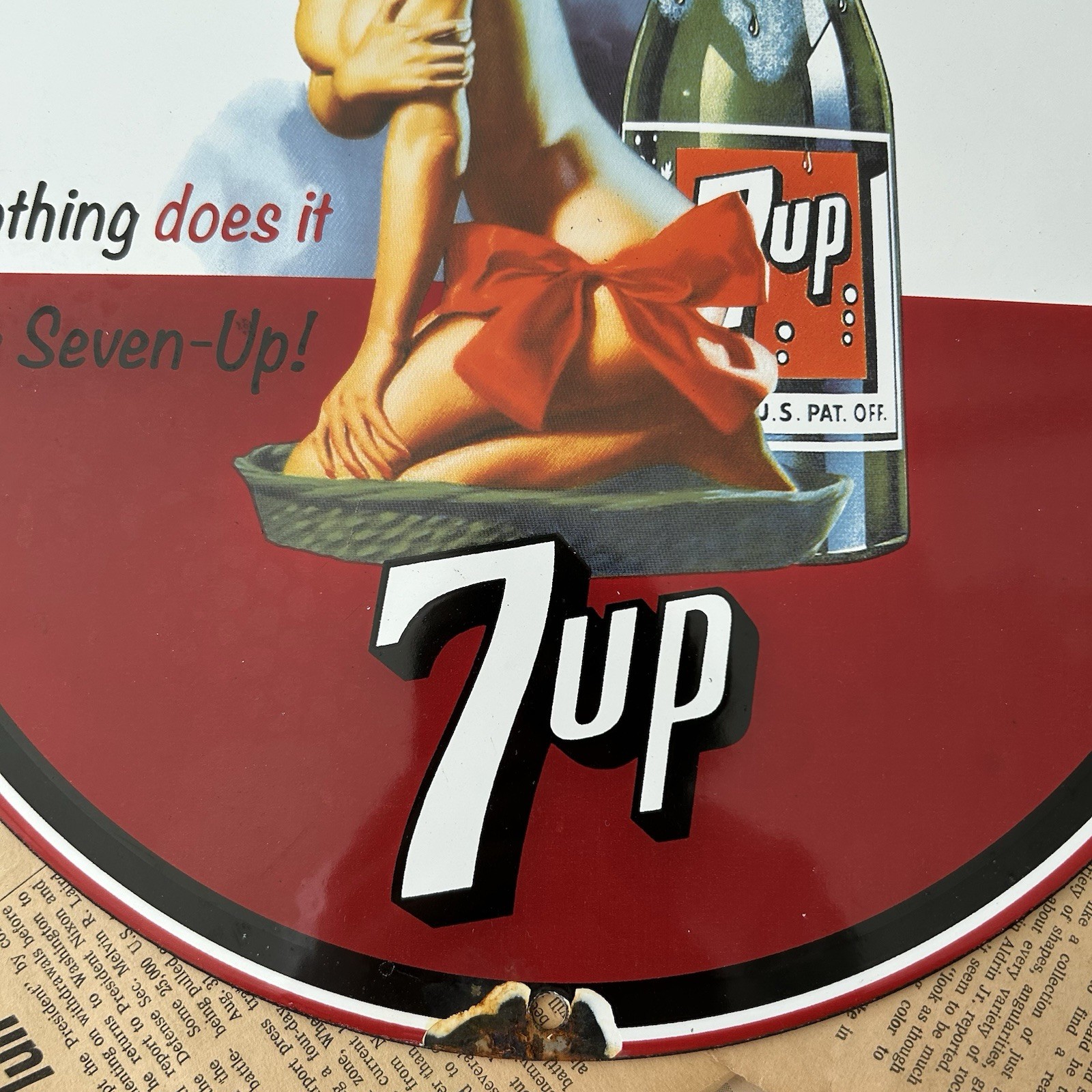 Vintage 7UP Soda Pin-Up Advertisement 12-Inch Porcelain Sign