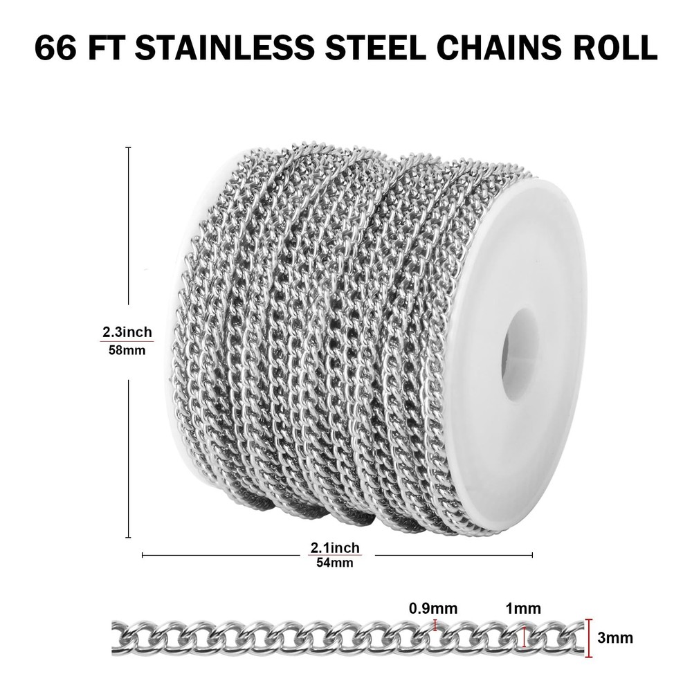 [66 FT] Stainless Steel Curb Chains Bulk for 3.0mm width,