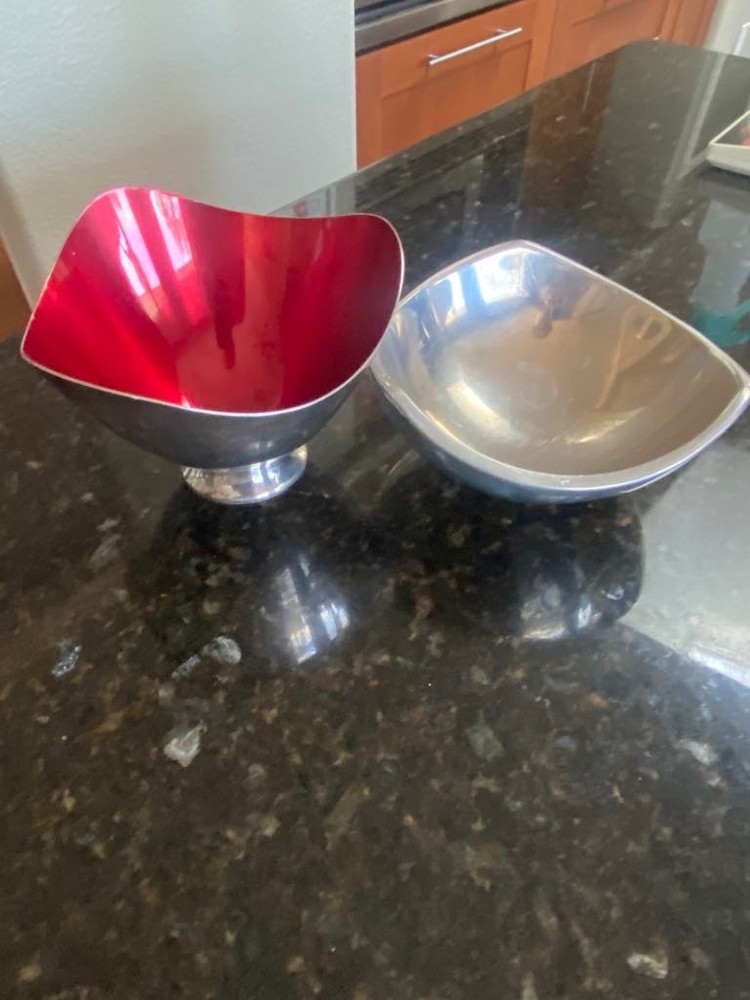 Pair of  Silver Plated Wave Bowls Red Enamel Wave Bowl & 526 Silver Wave Bowl