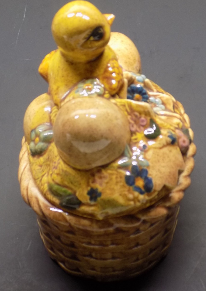 Vintage Ceramic Easter Basket Dish w/ Chick & Eggs Lid Spring Decor