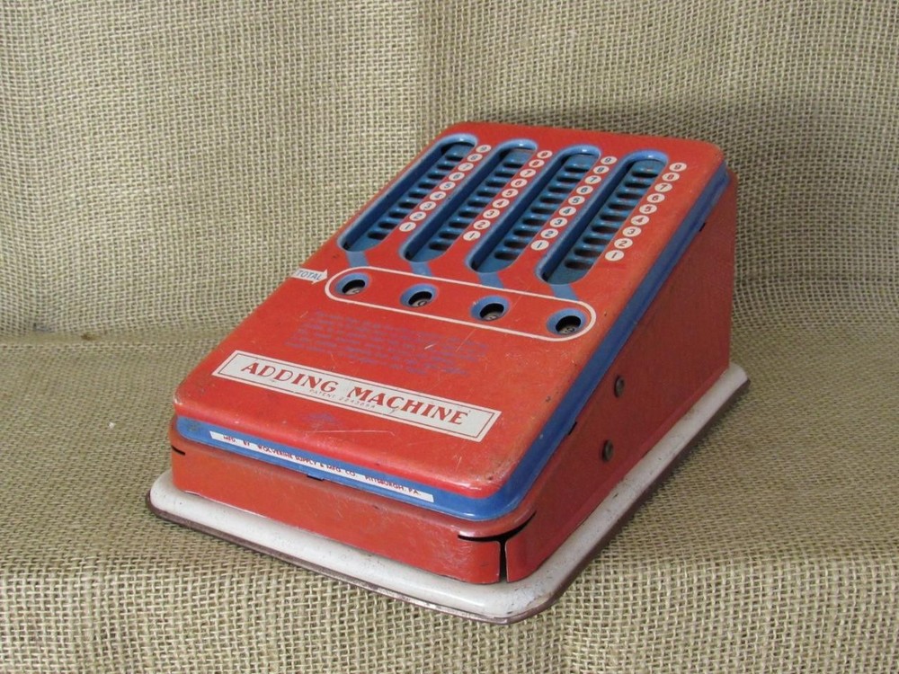 Vintage 40s Working Tin Litho Wolverine Adding Machine Hand Pull Dial Calculator