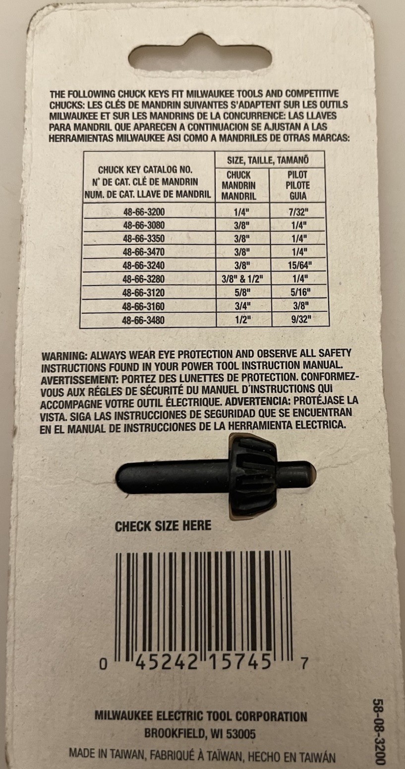 New Genuine Milwaukee Tool 48-66-3200 Chuck Key, for 1/4" Chucks FREE SHIP