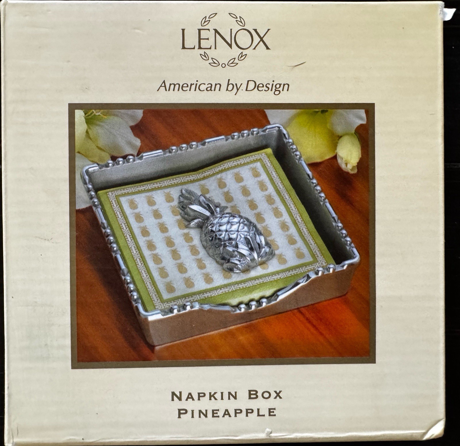 LENOX Bar Napkin Box Pineapple 5.25" Silver Tarnish Free Allow Metal Serveware