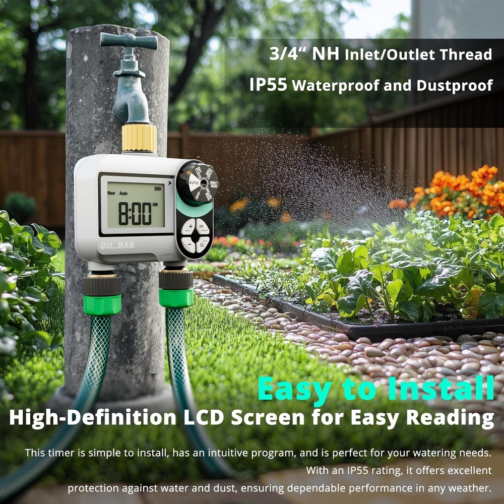 2 Zone Sprinkler Timer with Brass Inlet & Outlet, Programmable Water Timer fo...