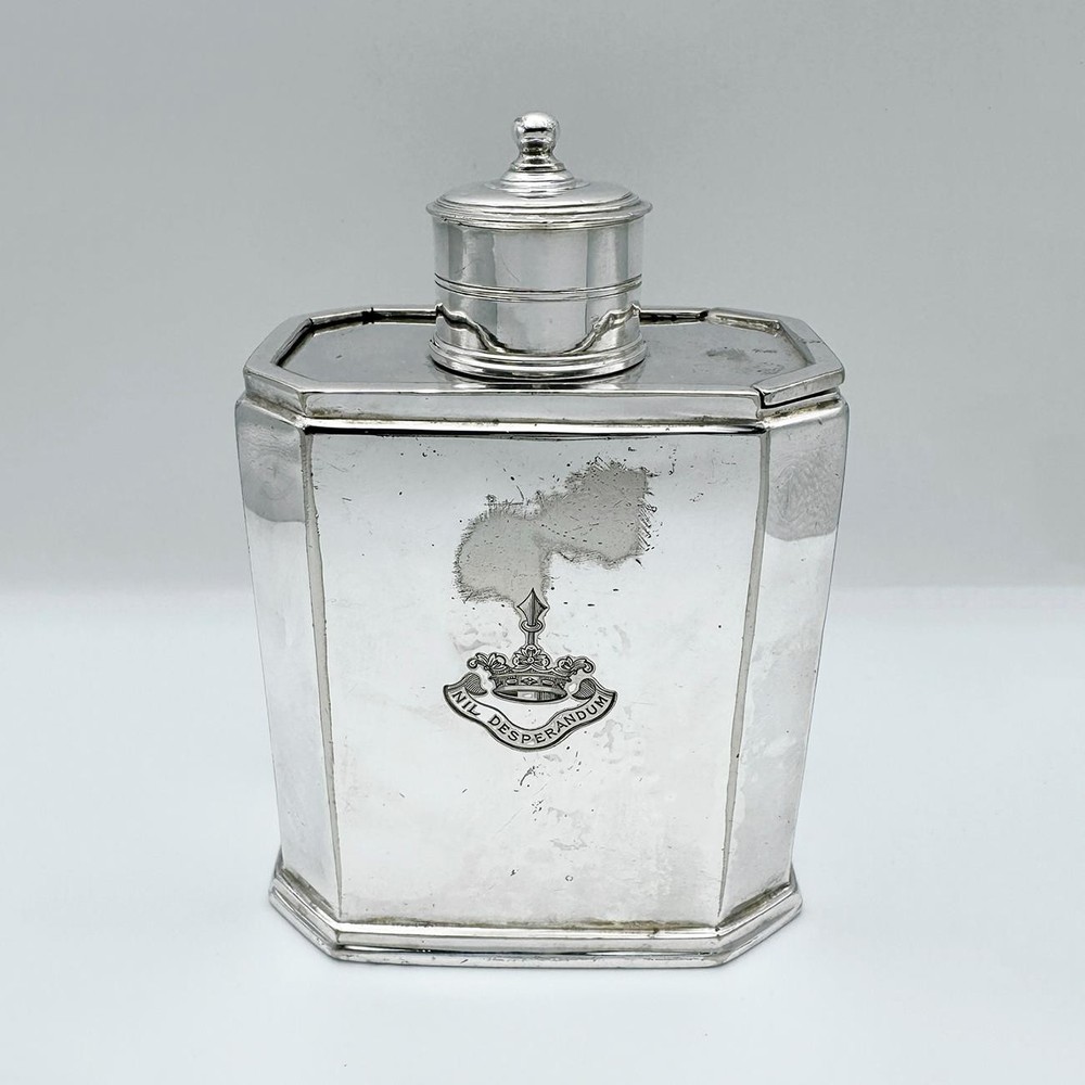 VICTORIAN CRESTED SLIDING TOP TEA CADDY SILVER PLATE 19TH CENTURY