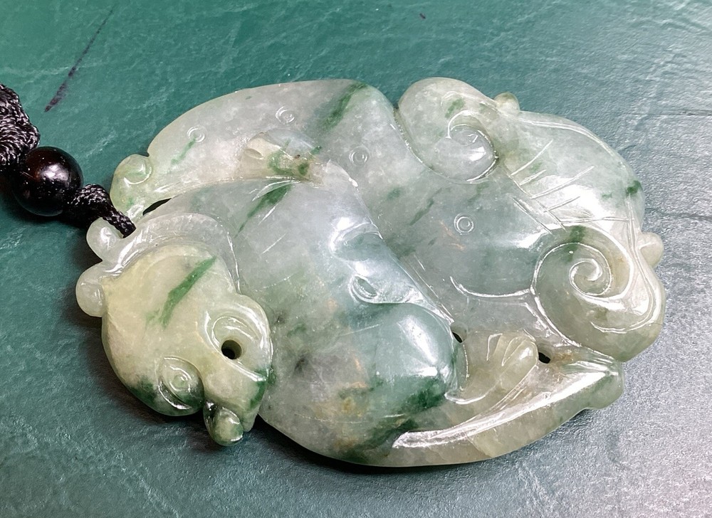 Green 2 Sided Jadeite Bear & Mushroom Translucent Pendant
