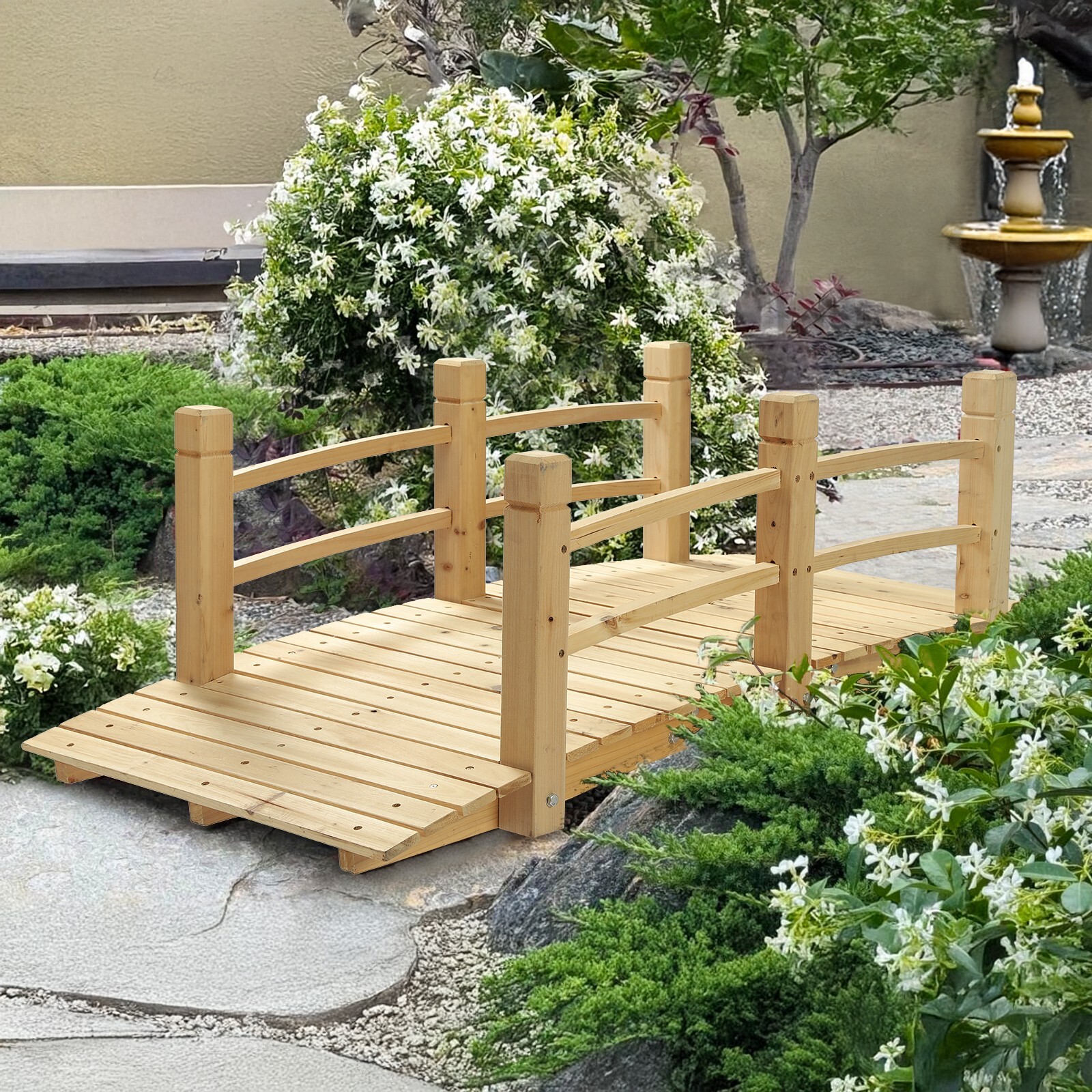 5FT Wooden Garden Bridge Decorative Pond Landscaping Bridge with Double Railings