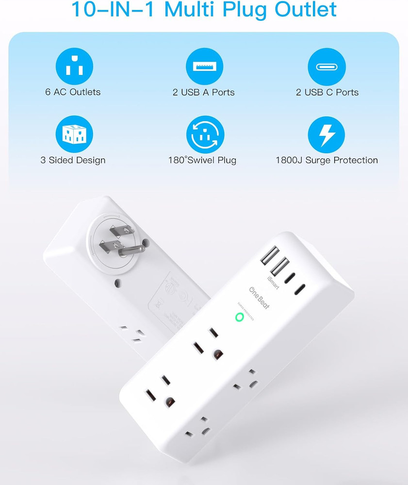 Surge Protector Outlet Extender - with Rotating Plug, 6 AC Multi Plug Outlet wit